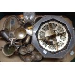 A quantity of silver plated items including faceted pedestal bowl, egg cruet, sandwich stand, etc.