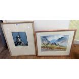 A framed 1930`s print depicting a windmill, indistinctly signed in pencil - sold with G.V. Gadd, a