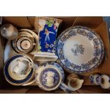 A box containing a Spode vase, Royal Doulton Challinor pattern dinner ware (seconds), etc.