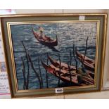 J. Vaux: a framed 20th Century oil on panel depicting a gondolier and gondola approaching gondola