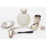 A silver pin tray, pill box, three handled cup, silver topped scent bottle, Georgian small ladle and