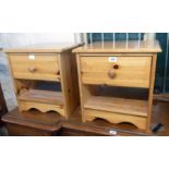 A pair of 18" modern polished pine bedside tables, both with drawer and open shelf under