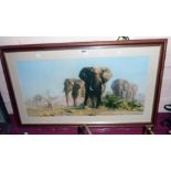 David Shepherd: a polished wood framed coloured print depicting a herd of elephants