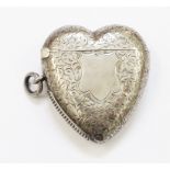 A late Victorian silver heart shaped fob vesta case with engraved decoration and blank cartouche