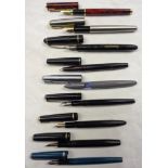 Ten assorted fountain pens including Parker Duofold and Sonnet, Osmiroid 65, etc. - various