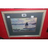 J. S. MacKay: a framed watercolour depicting a scene with sailing vessels on an estuary at dusk -