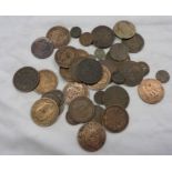 A box of antique copper coinage including 1756 Ireland Half Penny, 1793 France 1 Sol, 1830