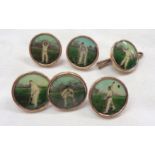 A set of six antique gilt metal buttons with tinted photographs of men in various cricket stances