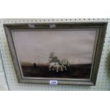 A framed mixed media painting depicting horses and a figure ploughing a field