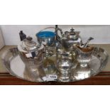 Two silver plated BM part tea sets, a pedestal sugar bowl with blue glass liner and large Wesleyan