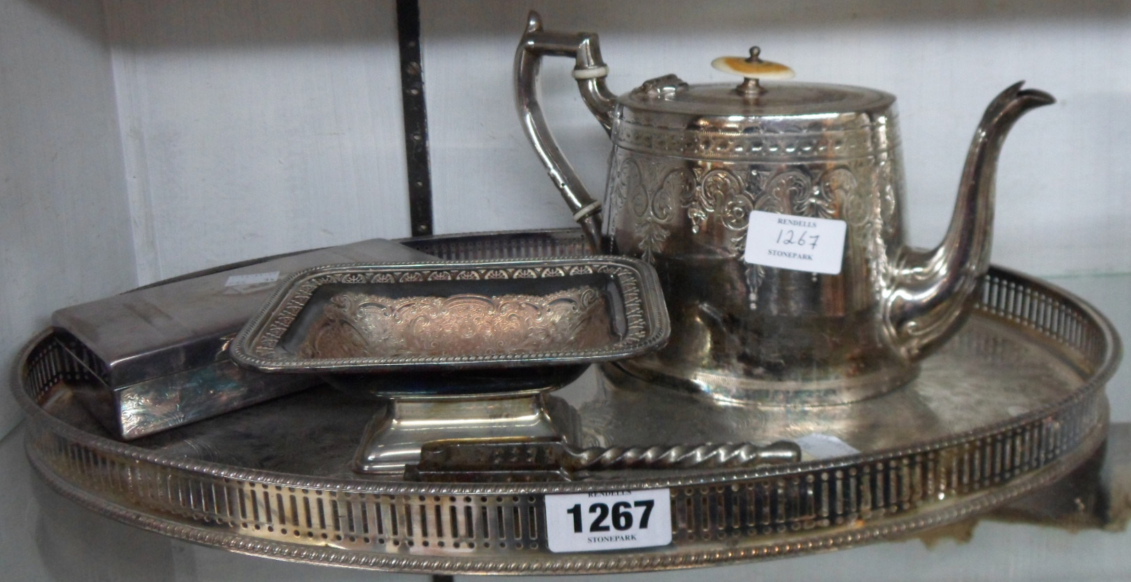 A silver plated gallery tray, teapot, etc.