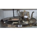 A silver plated gallery tray, teapot, etc.