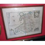 Humphrey Llwyd: a framed antique hand coloured map print depicting Wales (Cambrae Typus) with centre