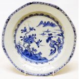An antique Chinese blue and white octagonal plate with central landscape decoration