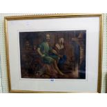 A gilt framed 19th Century watercolour depicting a medieval style tavern interior with bowman,