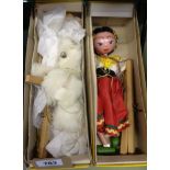 Two vintage Pelham Puppets, Poodle in first type solid yellow box and Gypsy Girl in second type