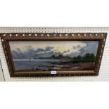 A gilt framed oil on board, panoramic view of an estuary - overpainting to lower right