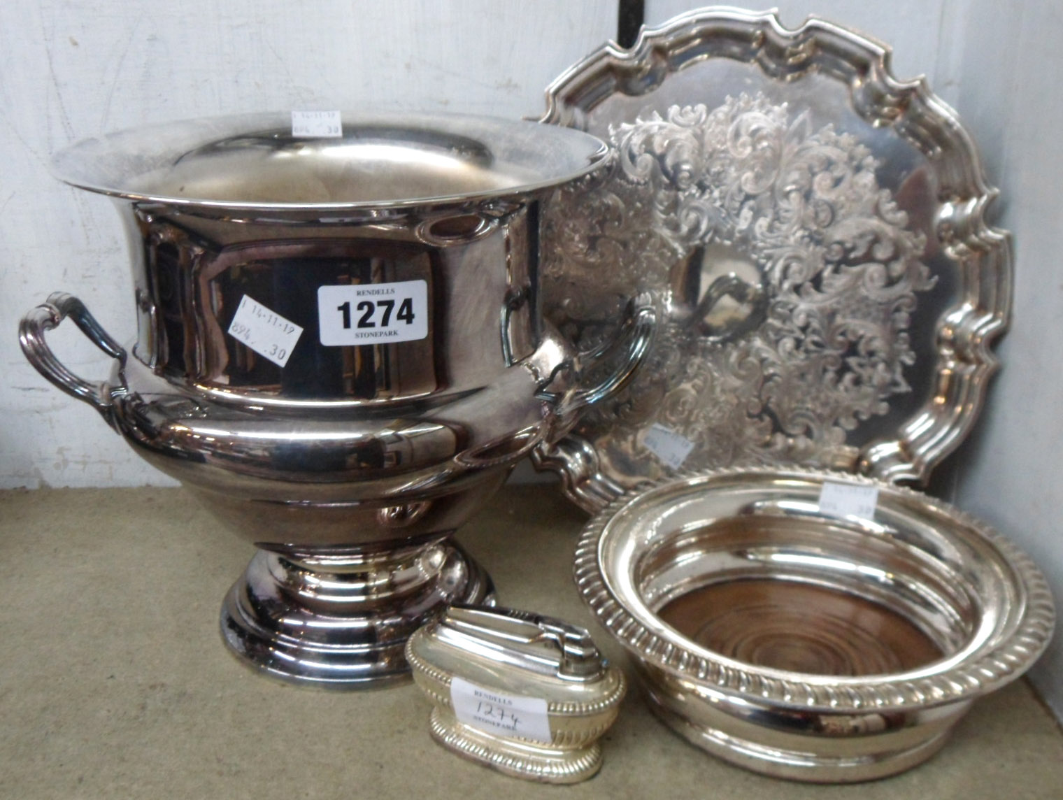 A silver plated campagna shaped wine cooler, coaster and tray - sold with a Ronson semi-reeded table