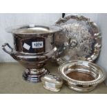 A silver plated campagna shaped wine cooler, coaster and tray - sold with a Ronson semi-reeded table