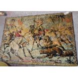 A large silk wall hanging depicting Arabs hunting lions - 5' 10" X 4' 1" (178cm X 125cm)