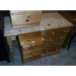 A 3' 6" modern waxed pine single pedestal dressing table with four drawers and turned legs