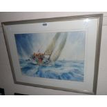 Tom Dack: a framed maritime watercolour depicting a racing yacht at full speed - signed - 12" X 17