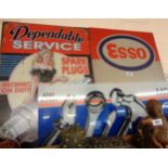 Two reproduction printed metal advertising signs for ESSO oil and spark plugs - sold with a