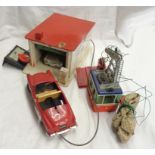 A toy garage with two toy cars and a Lehmann Rigi cable car - various condition