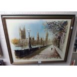 John Bampfield: a gilt framed oil on canvas depicting a view of the Houses of Parliament from the