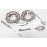 A silver presentation knife and coffee spoon - sold with a pair of damaged silver bon-bon dishes,