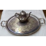 A 24" Victorian silver plated oval serving tray with ornate cast acanthus scroll handles - sold with