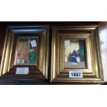 Two gilt box framed small reverse glass mogul watercolours depicting figures
