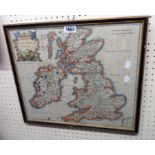 A Hogath framed antique hand coloured map print of the British Isles entitled "Britannia, Romana,