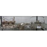 A silver plated and cut glass sardine dish, six place egg cruet, oval dish, spoons, etc.