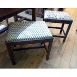 Two oak framed dressing stools, one with moulded square supports, both with upholstered drop-in seat