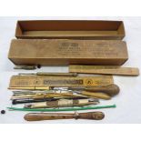 A box containing a quantity of needlework tools and other items including Mauchline ware letter