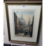 A good quality gilt framed coloured etching depicting the City of London with St Pauls Cathedral -
