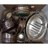 A quantity of silver plated items including two pairs of wine coasters, entree dish, etc.