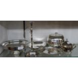 A small quantity of silver plated items including muffin dish, Walker & Hall pedestal bowl, visiting