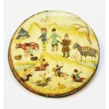 A 2 1/4" diameter 19th Century Persian painted bone panel brooch with figural decoration and