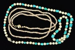 TWO CULTURED PEARL NECKLACES to include a long freshwater cultured pearl necklace measuring