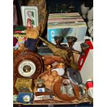 TWO BOXES OF SUNDRY ITEMS to include a barometer, treen items, coasters, modern Teddy Bear etc and a