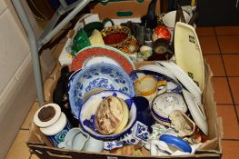 TWO BOXES OF CERAMICS, etc, including blue and white bowls, decorative plates etc