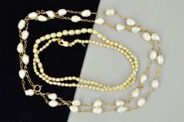 A CULTURED PEARL NECKLACE AND AN IMITATION PEARL NECKLACE, the first designed as cultured pearls
