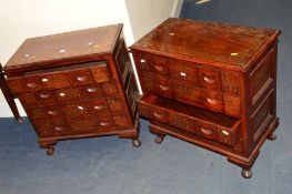 A PAIR OF SMALL REPRODUCTION HARDWOOD AND FLORALLY BRASS INLAID CHEST of four long drawers on