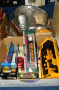 TWO BOXES OF SUNDRIES to include a quantity of boxed modern diecast vehicles, Corgi Classics Lady