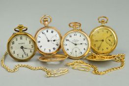 FOUR ASSORTED GOLD PLATED POCKET WATCHES to include a 'Solora' and a 'Record', together with two
