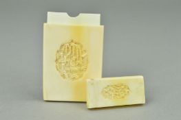 AN EARLY 20TH CENTURY CARVED IVORY CARD CASE, of rectangular outline, with shaped carved sections to