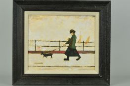 JOHN ANDERSON (BRITISH CONTEMPORARY) 'DOG WALKING LADY', an oil on canvas painting in the style L.S.