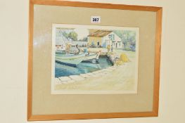 RONALD RUTHERFORD (B.1913) 'FISCARDO BAY, CEPHALONIA, GREECE', a watercolour painting of fishing